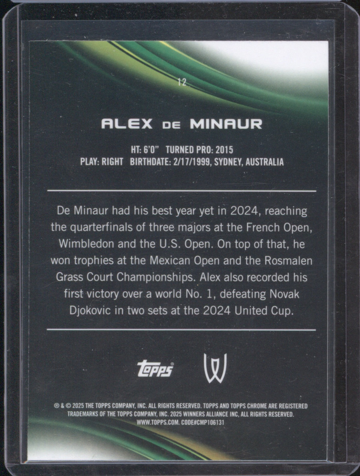 Alex De Minaur 2025 Topps Chrome Sapphire Tennis 12 Green