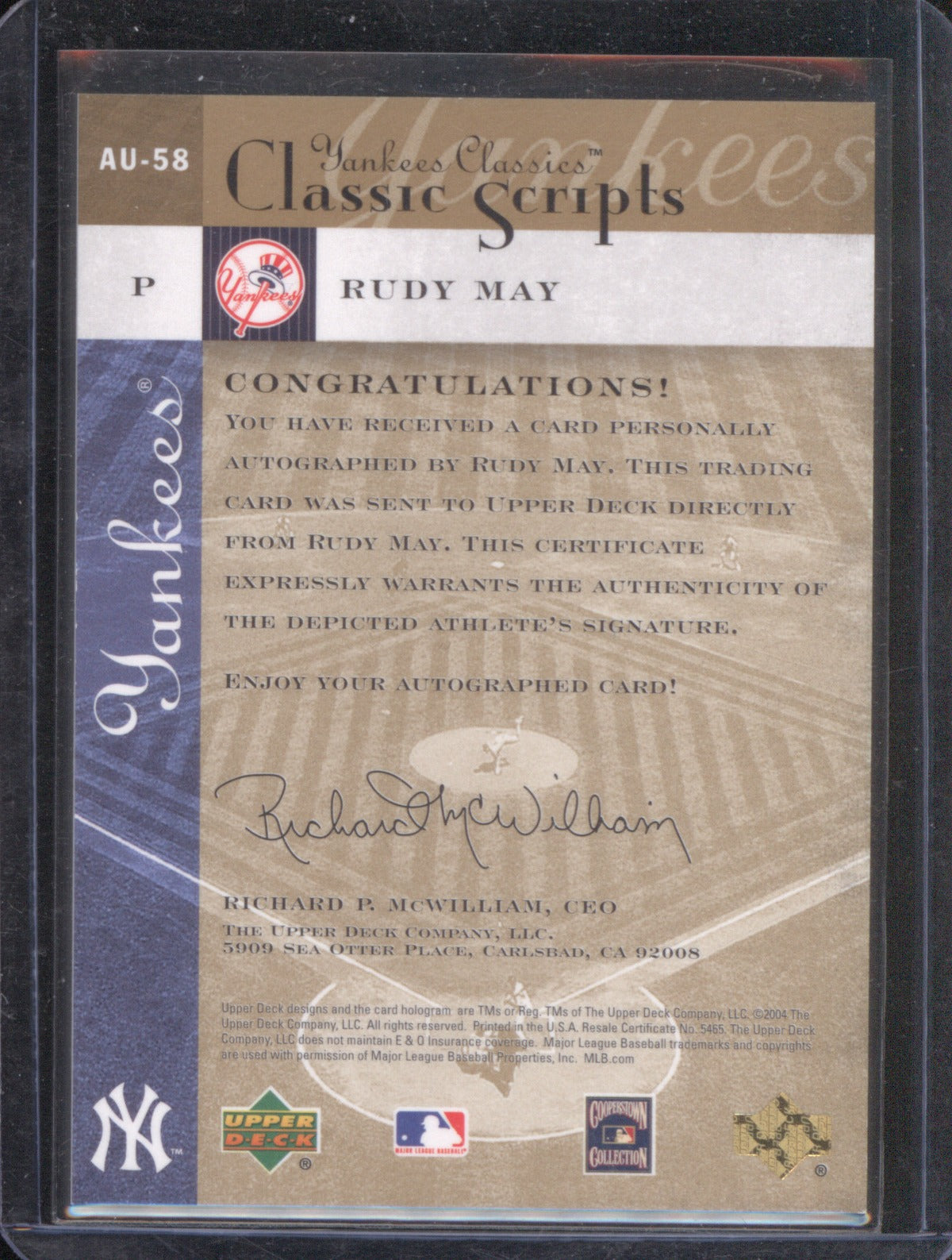 2004 Upper Deck Yankees Classics Au-58 Rudy May Classic Scripts Auto