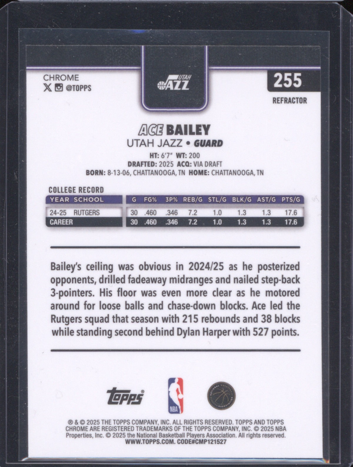 Ace Bailey 2025 Topps Chrome 255 Refractor RC