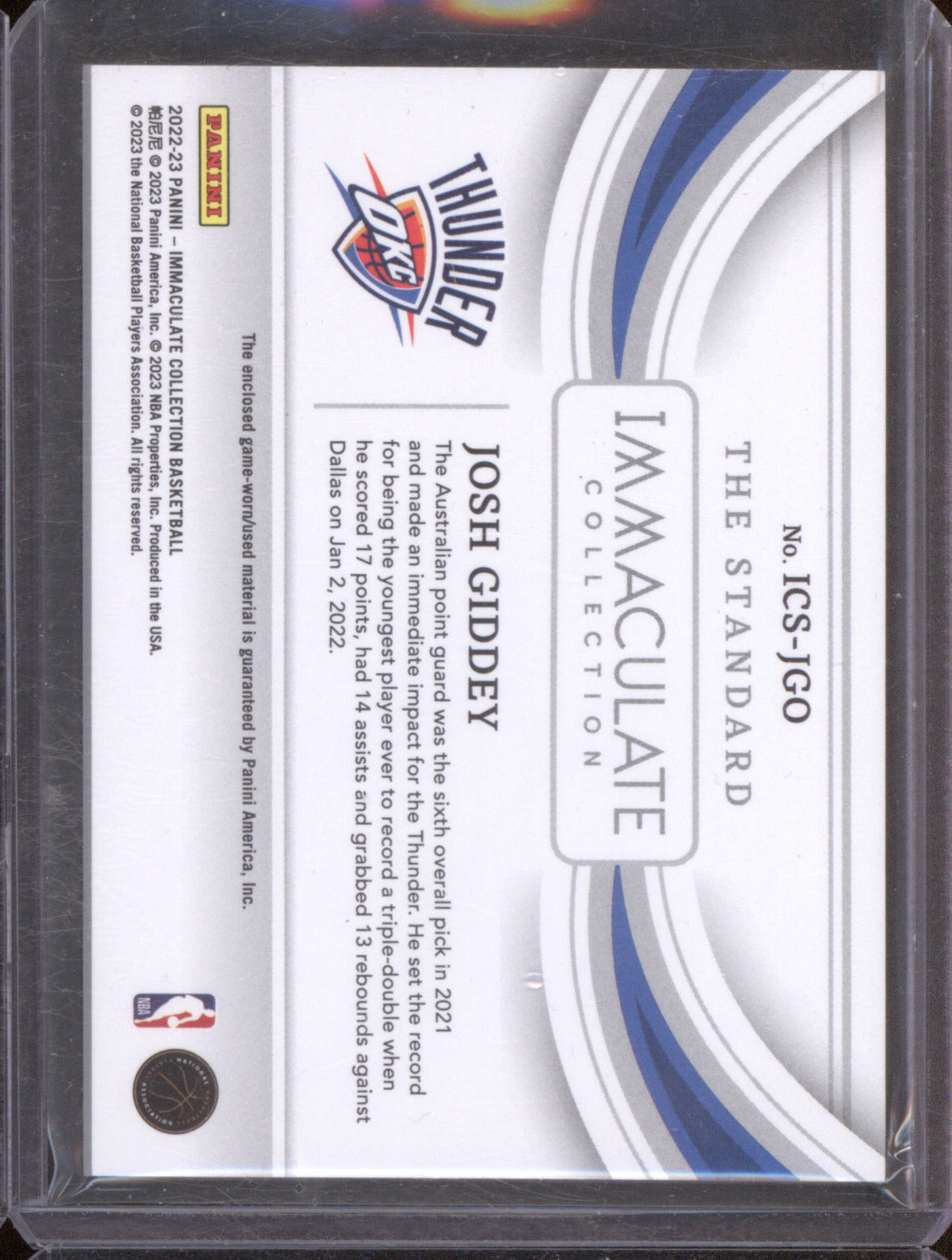 Josh Giddey 2022 Panini Immaculate Collection Patch #ICS-JGO The Standard /99