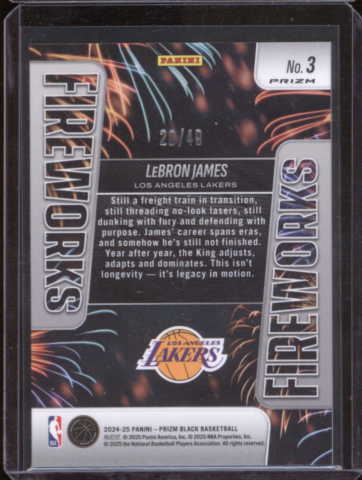 LeBron James 2024 Panini Prizm Orange #3 Fireworks /49 Lakers