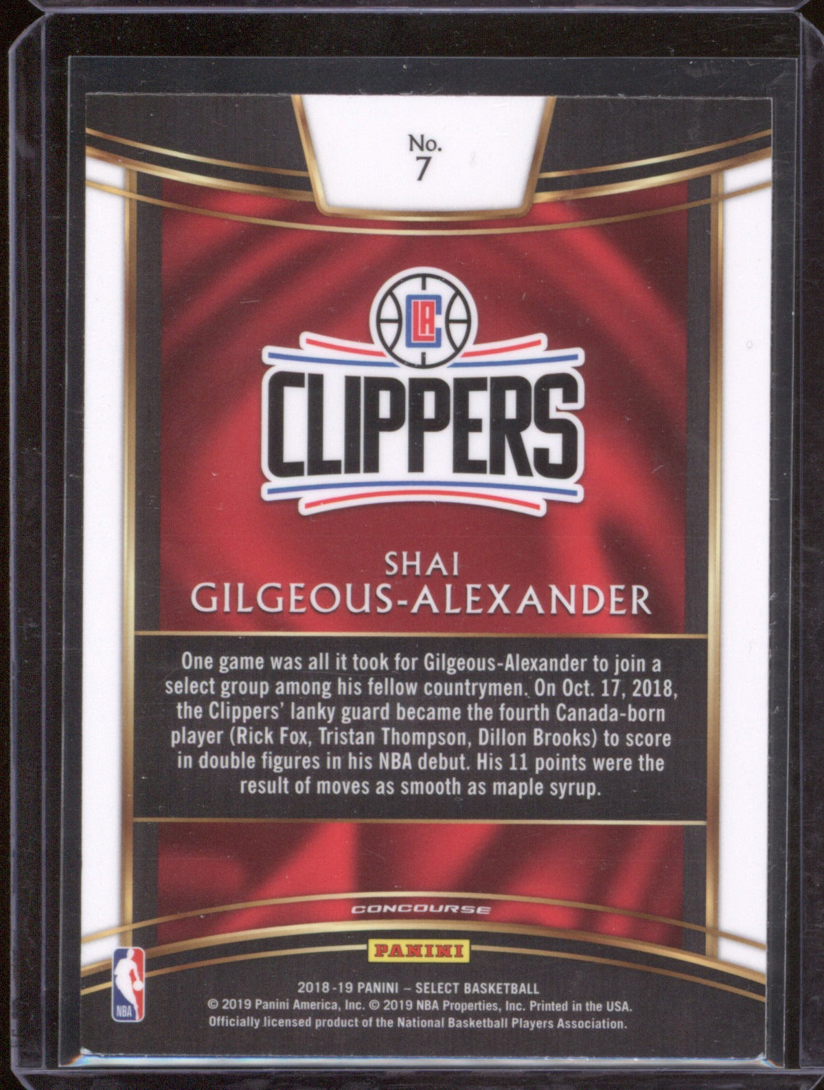 Shai Gilgeous-Alexander RC 2018-19 Panini Select #7 Concourse Base Clippers