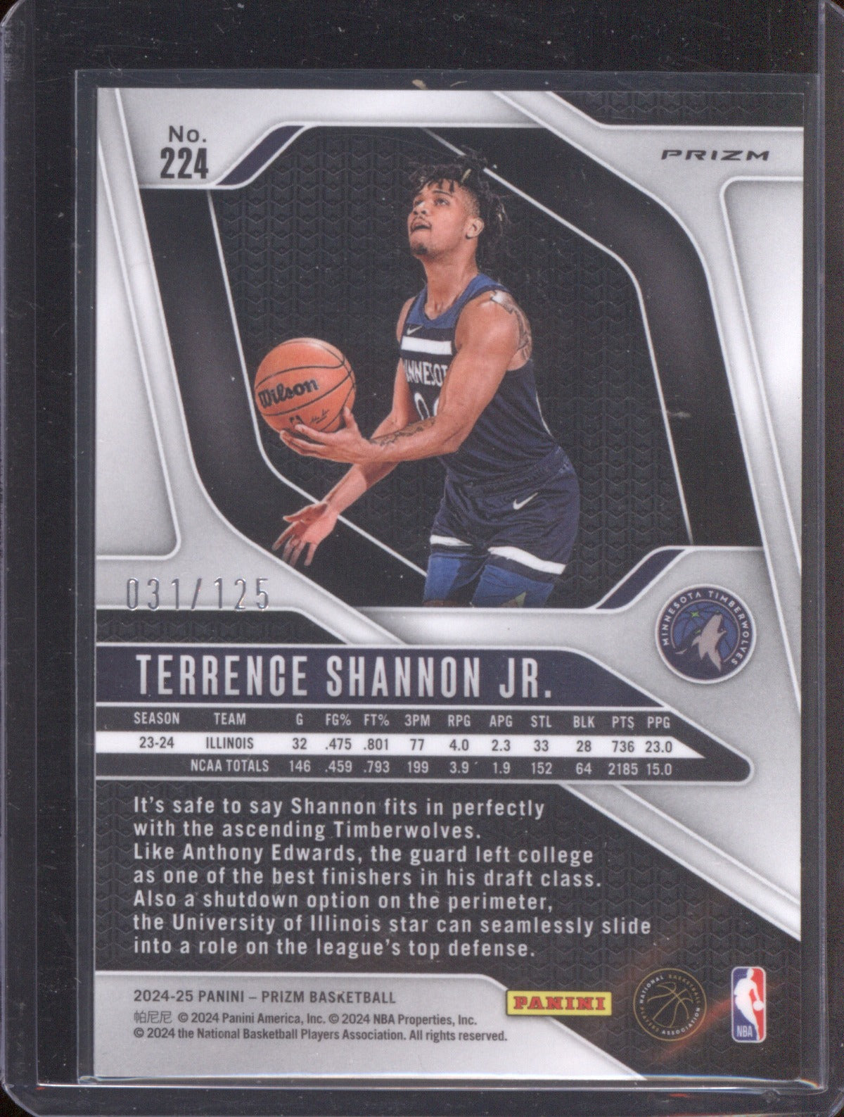 Terrence Shannon 2024 Panini Prizm Jr. #224 Blue Wave /125 Timberwolves