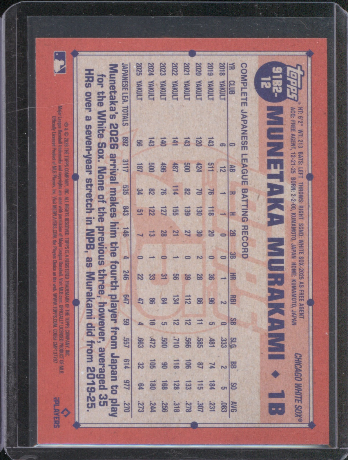 Munetaka Murakami 2026 Topps Series 2 91B2-12 1991 RC