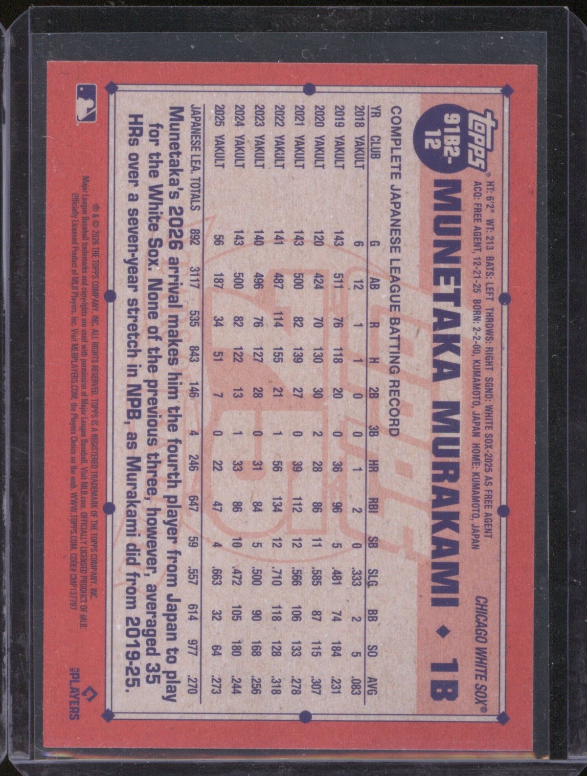 Munetaka Murakami 2026 Topps Series 2 91B2-12 1991 RC