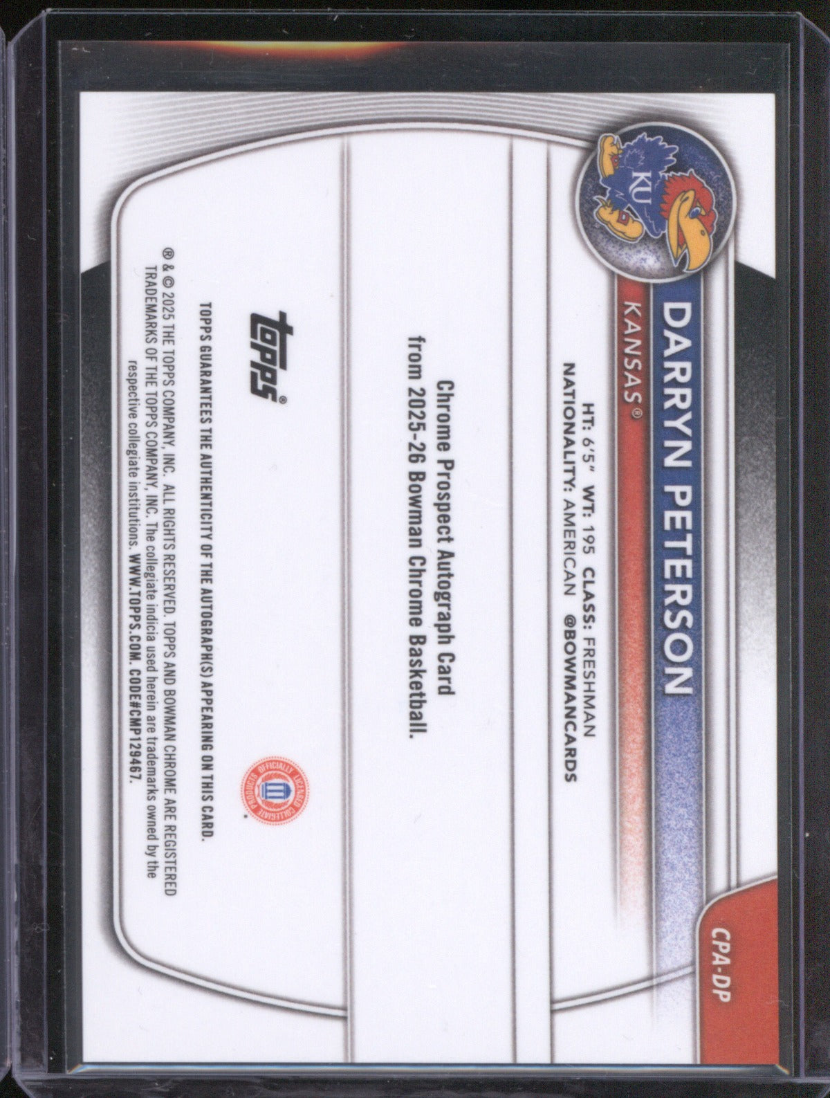 Darryn Peterson 2025 Bowman CPA-DP Chrome Auto Speckle Refractor 1st 272/299 RC