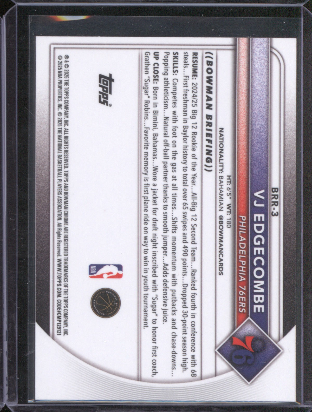 VJ Edgecome 2025/26 Bowman Basketball BRR-3 Refractor RC Red Rookie Logo SSP