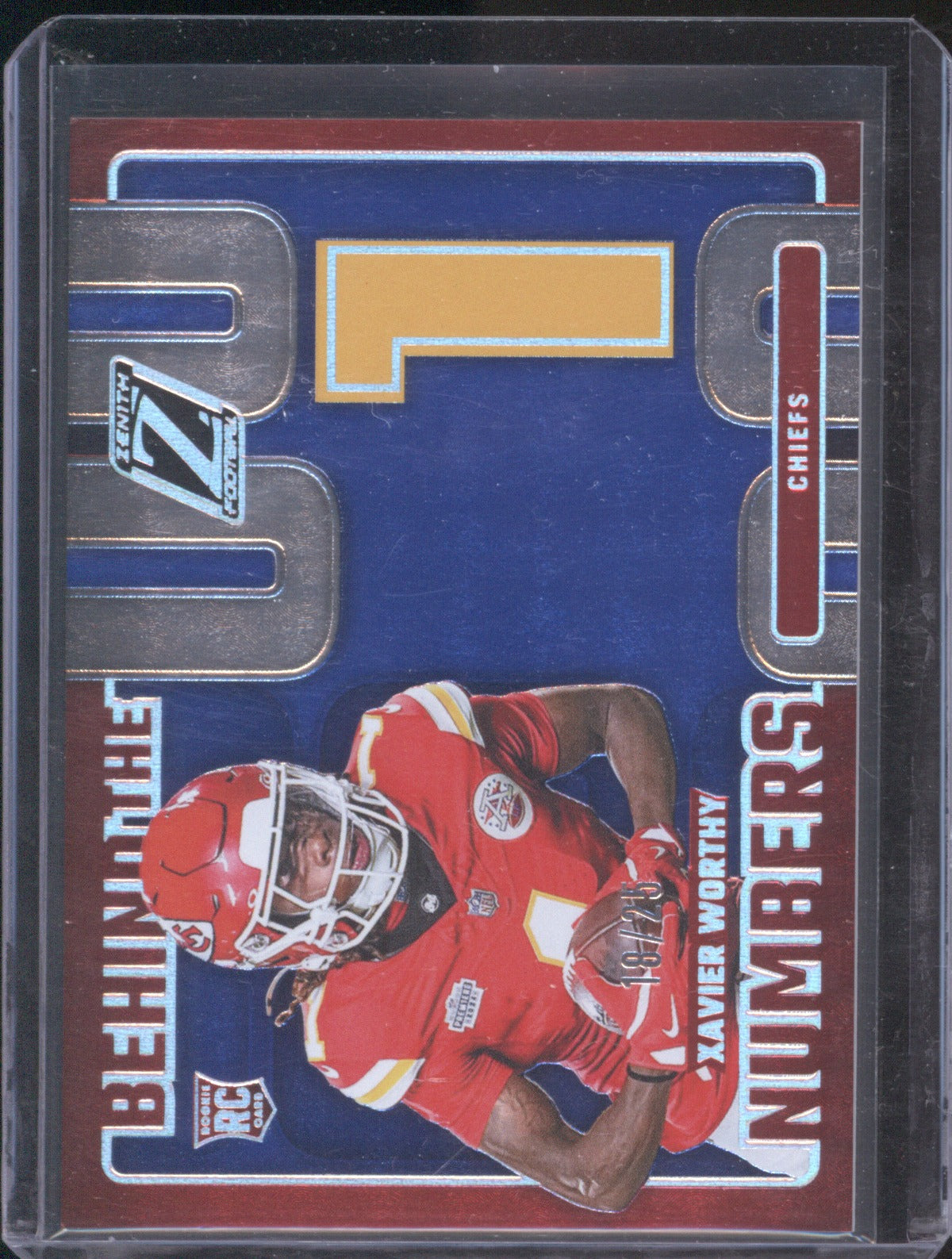 2024 Panini Zenith Football Xavier Worthy #7 Behind the Numbers Blue /25 Kansas