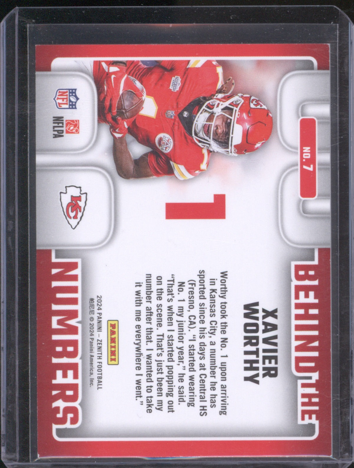 2024 Panini Zenith Football Xavier Worthy #7 Behind the Numbers Blue /25 Kansas