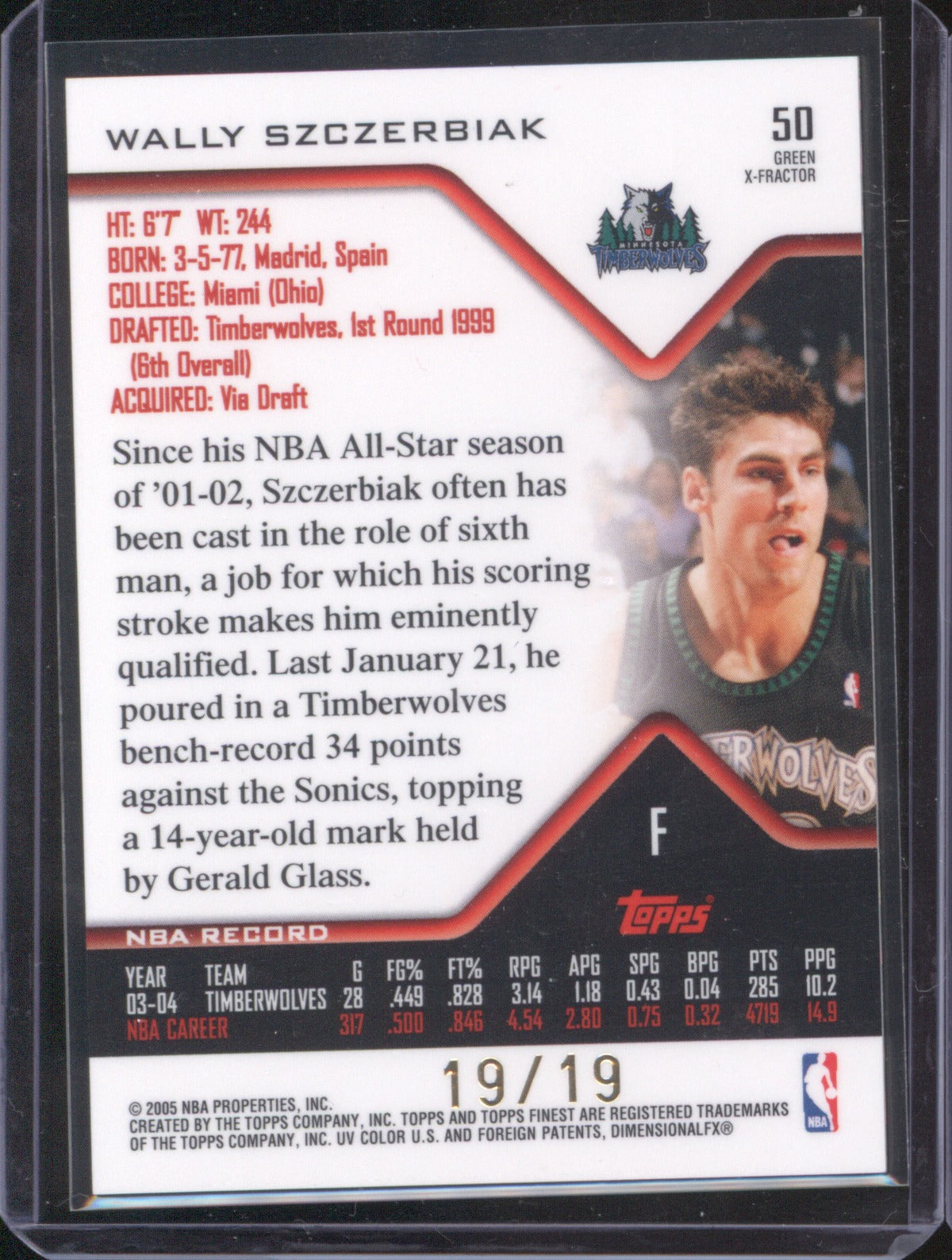 Wally Szczerbiak 2005 Topps Finest #50 Green X-Fractor /19