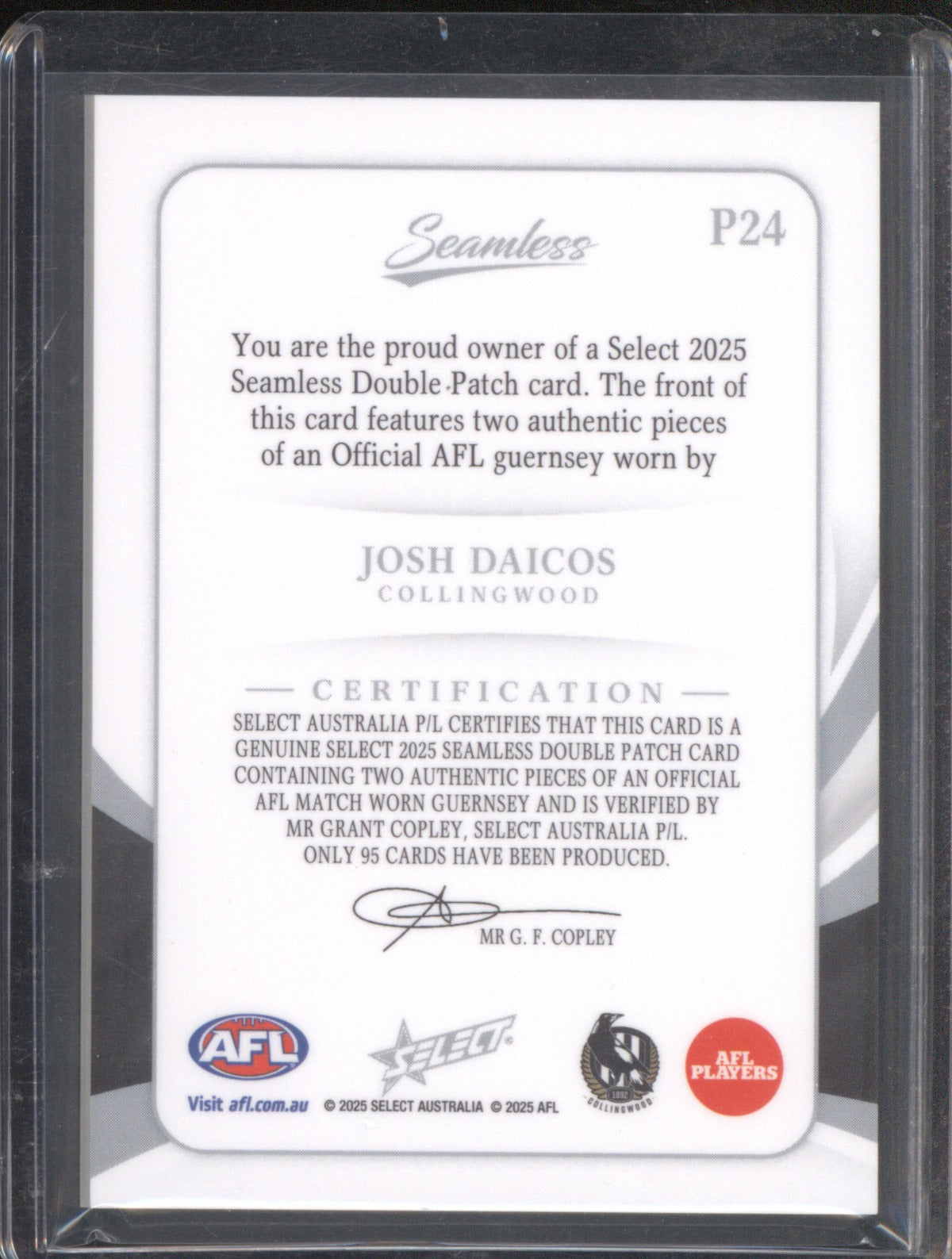 Josh Daicos 2025 AFL Select Seamless #P24 Dual Patch Auto