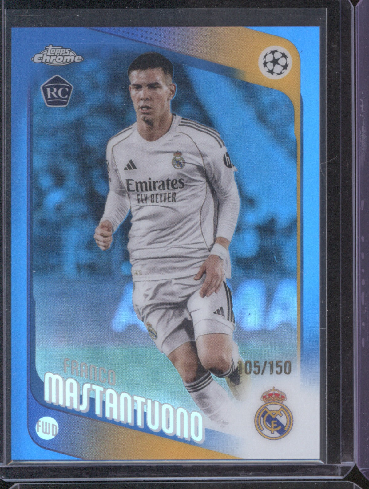 Franco Mastantuono 2025 Topps Chrome UEFA Blue Refractor RC 105/150
