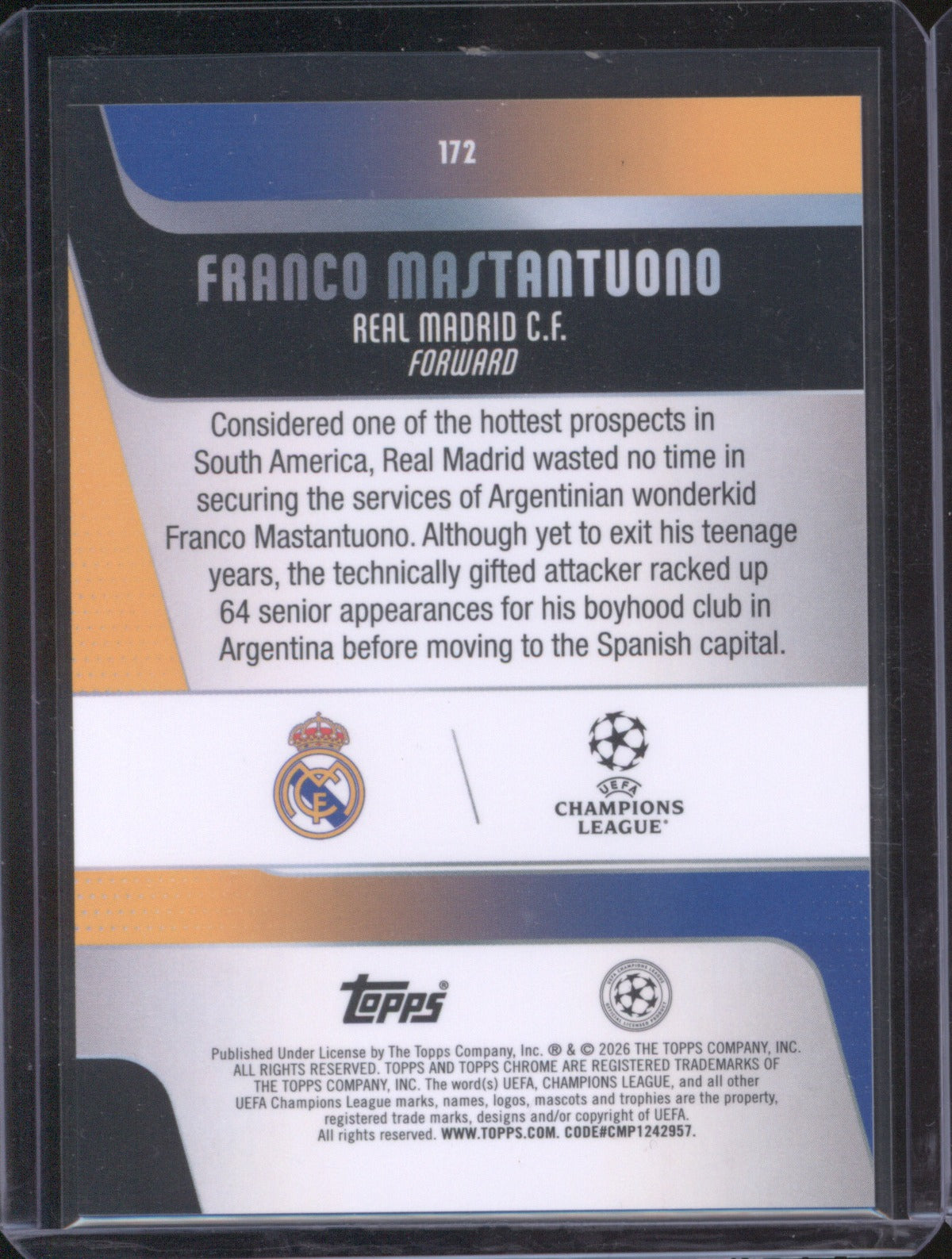 Franco Mastantuono 2025 Topps Chrome UEFA Champions League Blue Lava RC 115/150