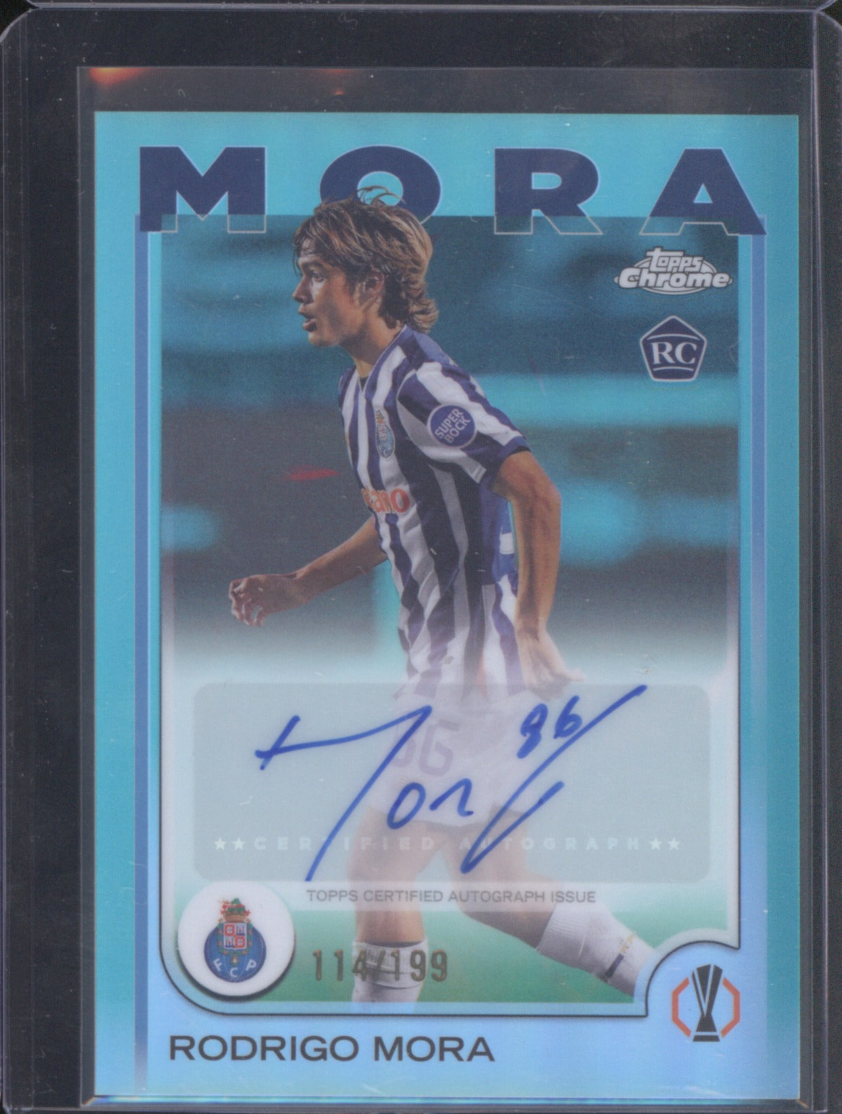 2024 Topps Chrome UEFA Club Competitions Rodrigo Mora RC Auto Aqua 114/199