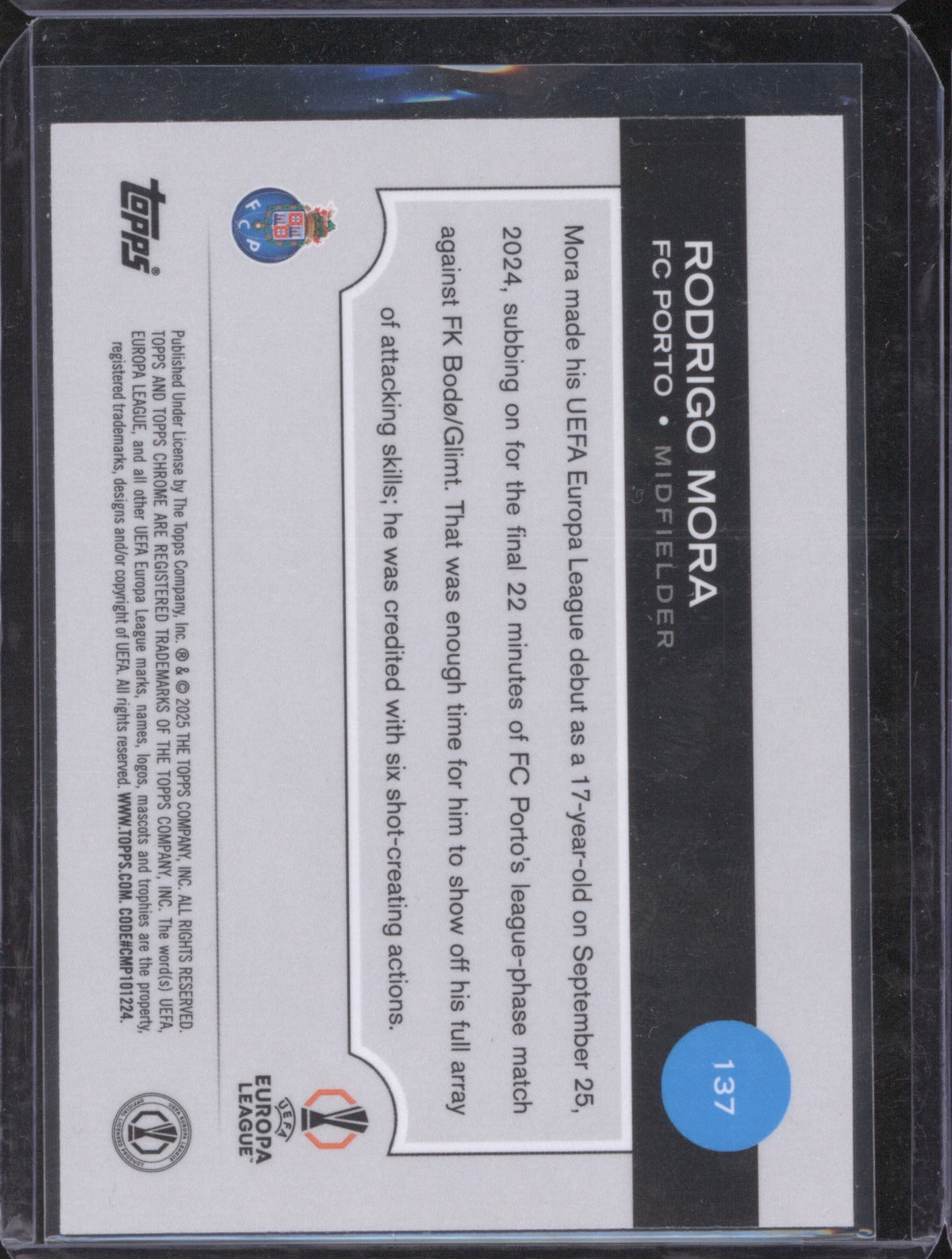 2024 Topps Chrome UEFA Club Competitions Rodrigo Mora RC Aqua Refractor 193/199