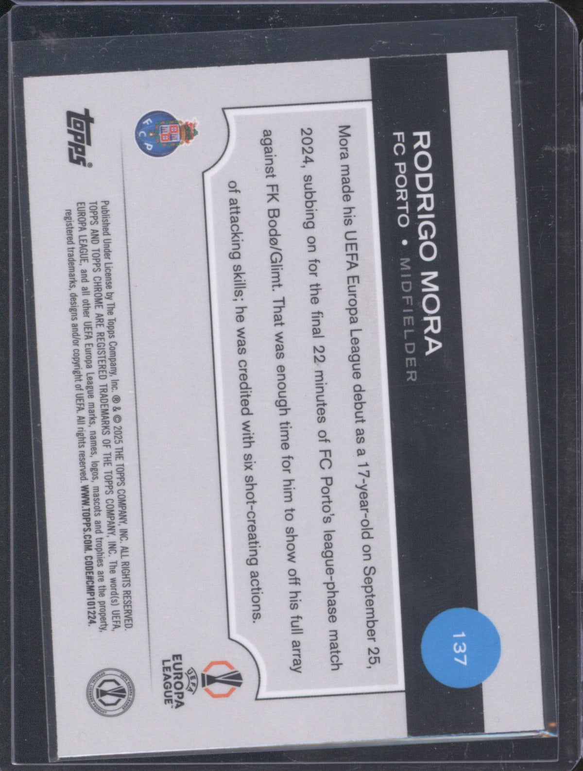 2024 Topps Chrome UEFA Club Competitions Rodrigo Mora Pink Lava RC 127/175