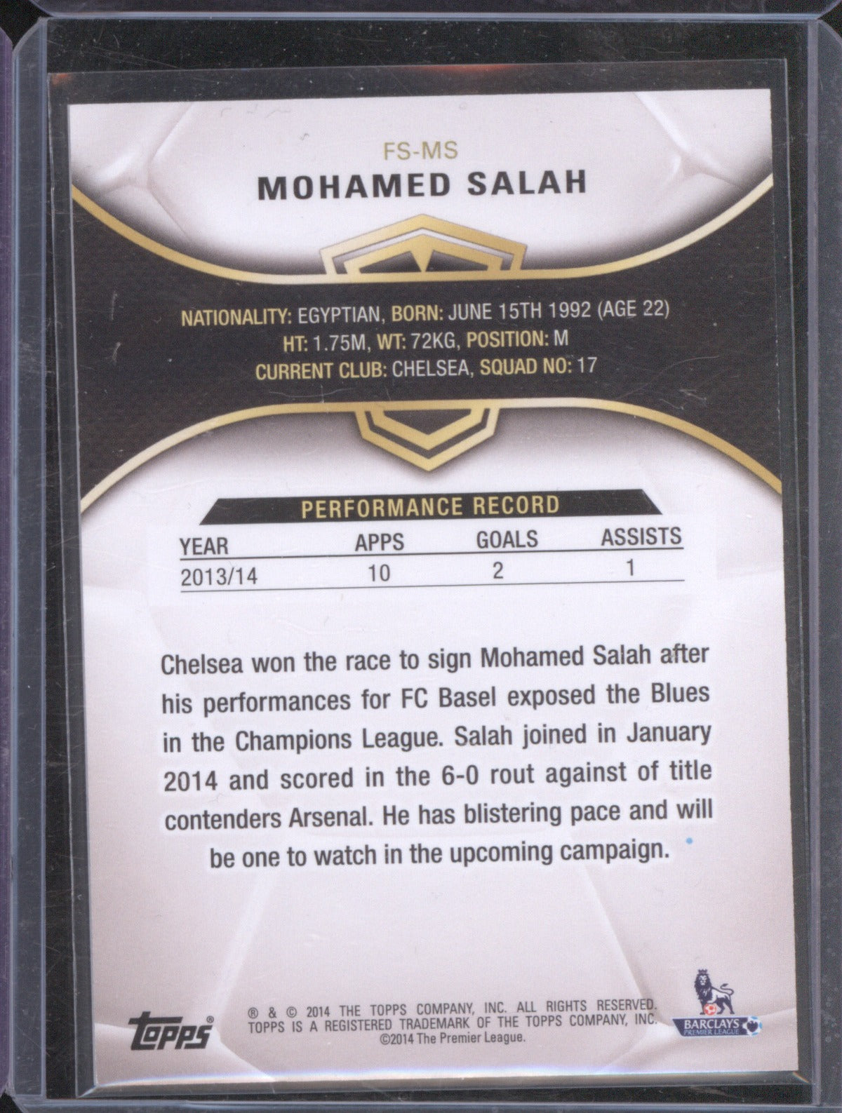 Mohamed Salah 2014 Topps Premier Gold #FS-MS Future Stars Gold