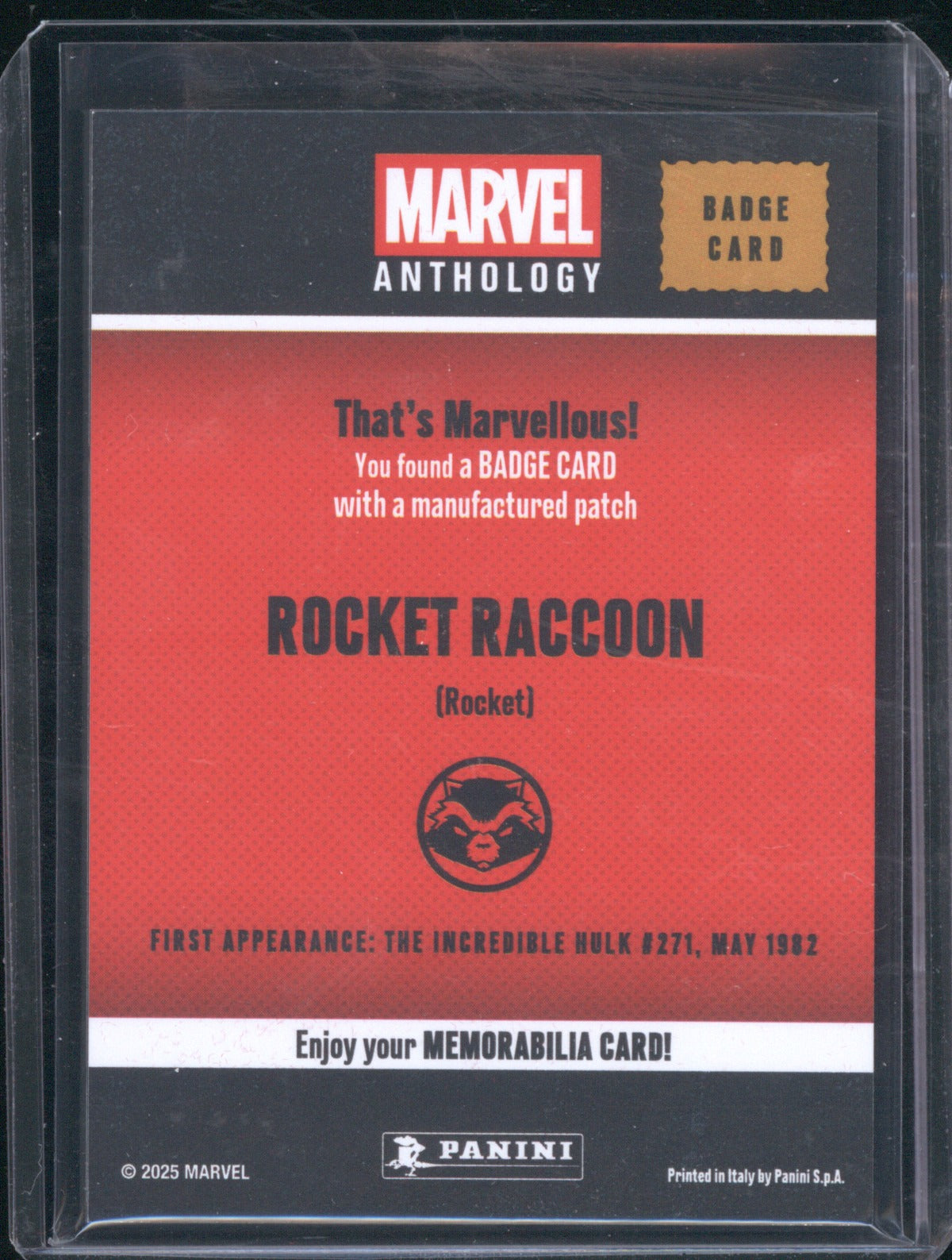 2025 Panini Marvel Anthology Rocket Raccoon Badge