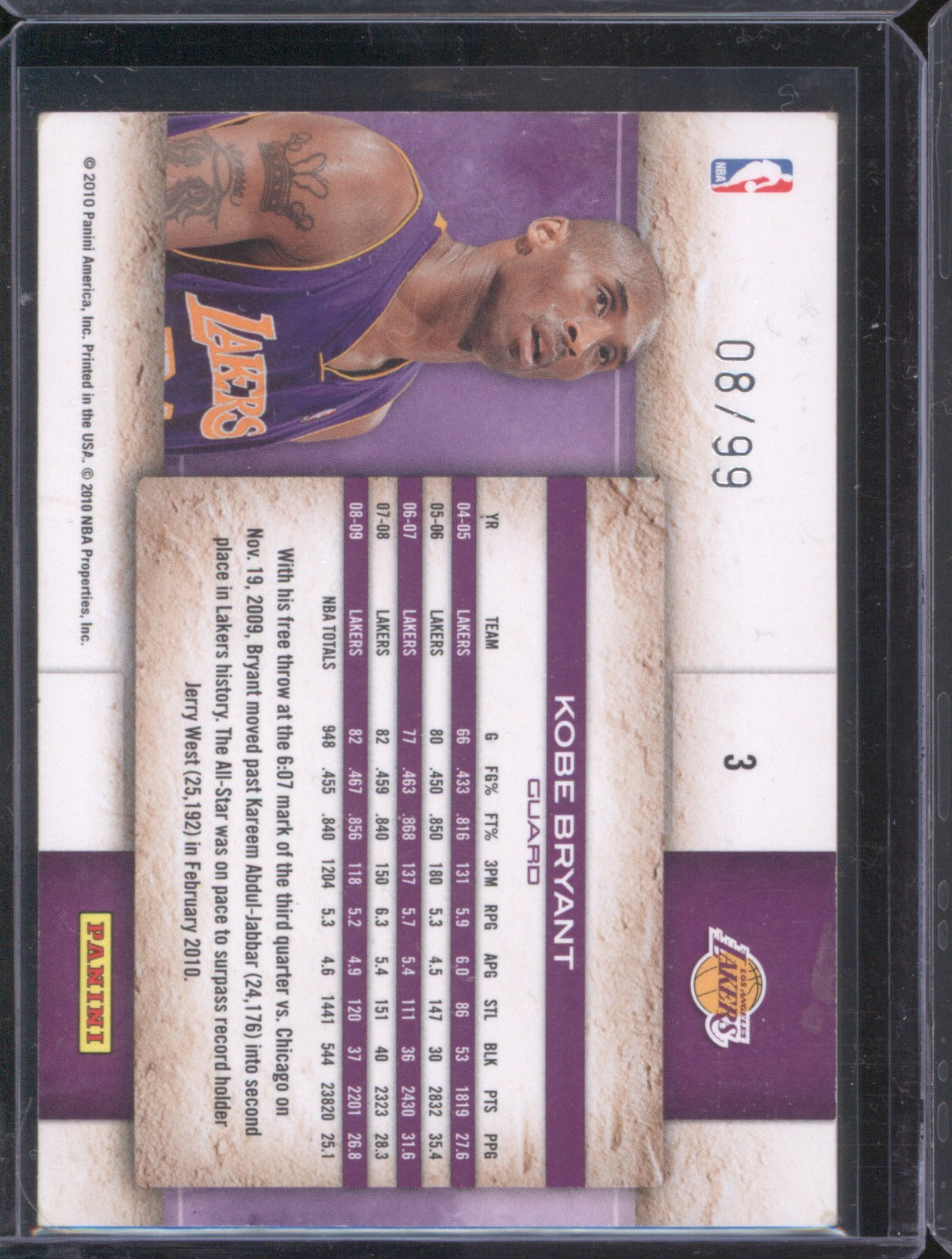 2009-10 Panini Studio Kobe Bryant 3 Silver Proof 08/99