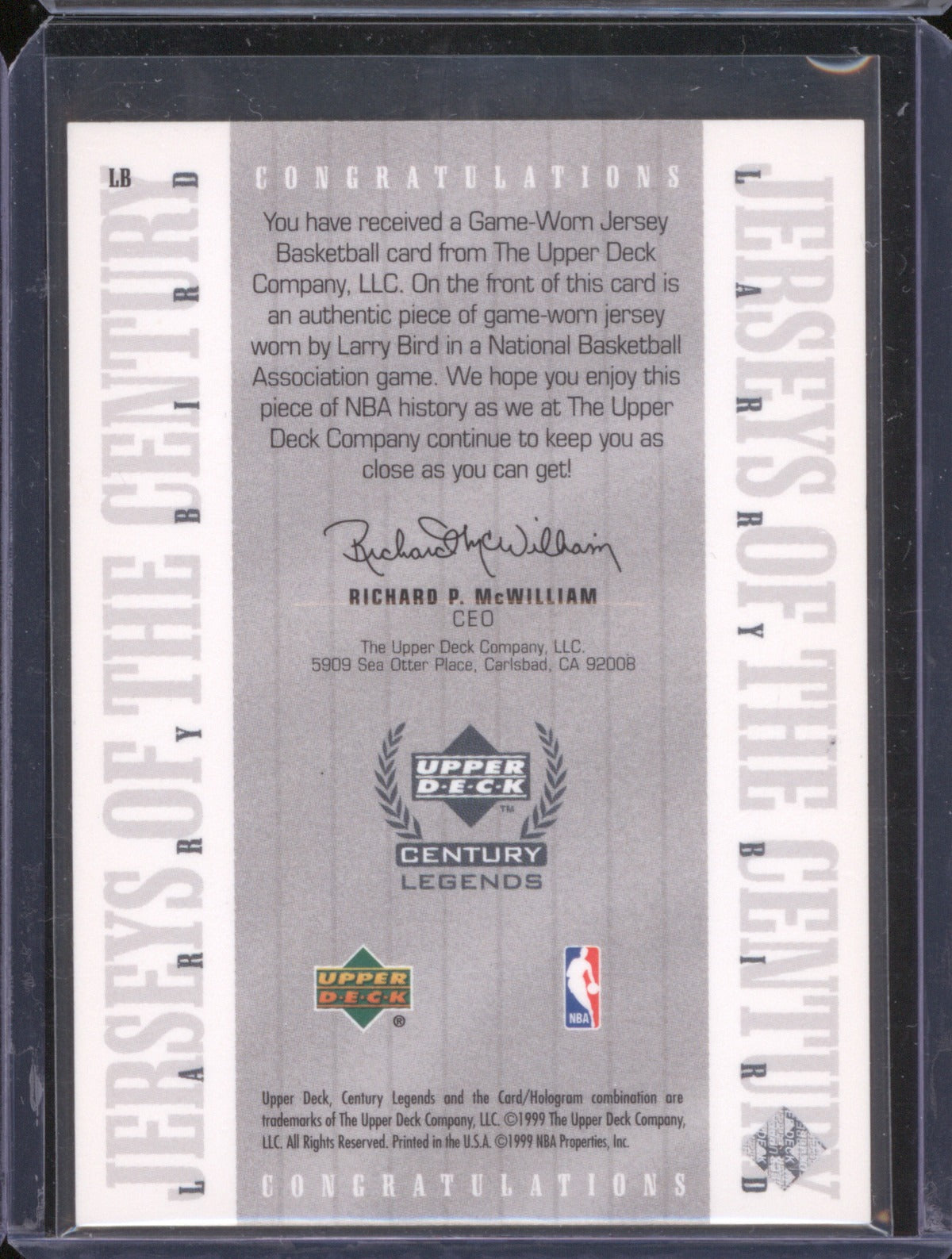 1999 Upper Deck Century Legends LB Larry Bird Jerseys of the Century