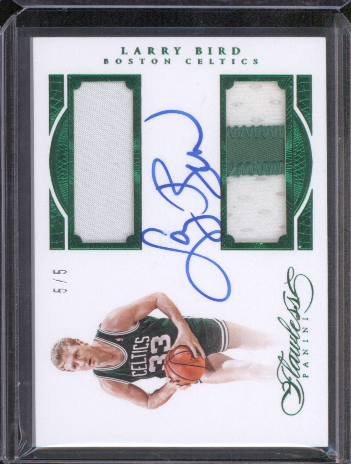 2015-16 Panini Flawless DPA-LB Larry Bird Dual Patch Auto Emerald /5