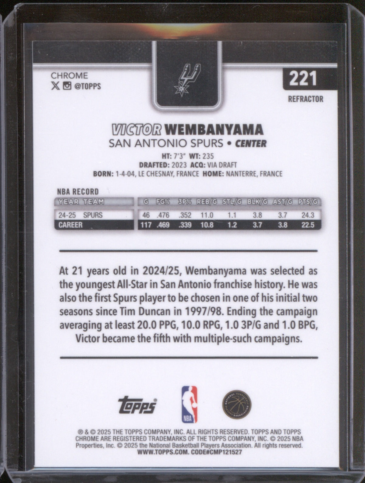2025-26 Topps Chrome 221 Victor Wembanyama Refractor