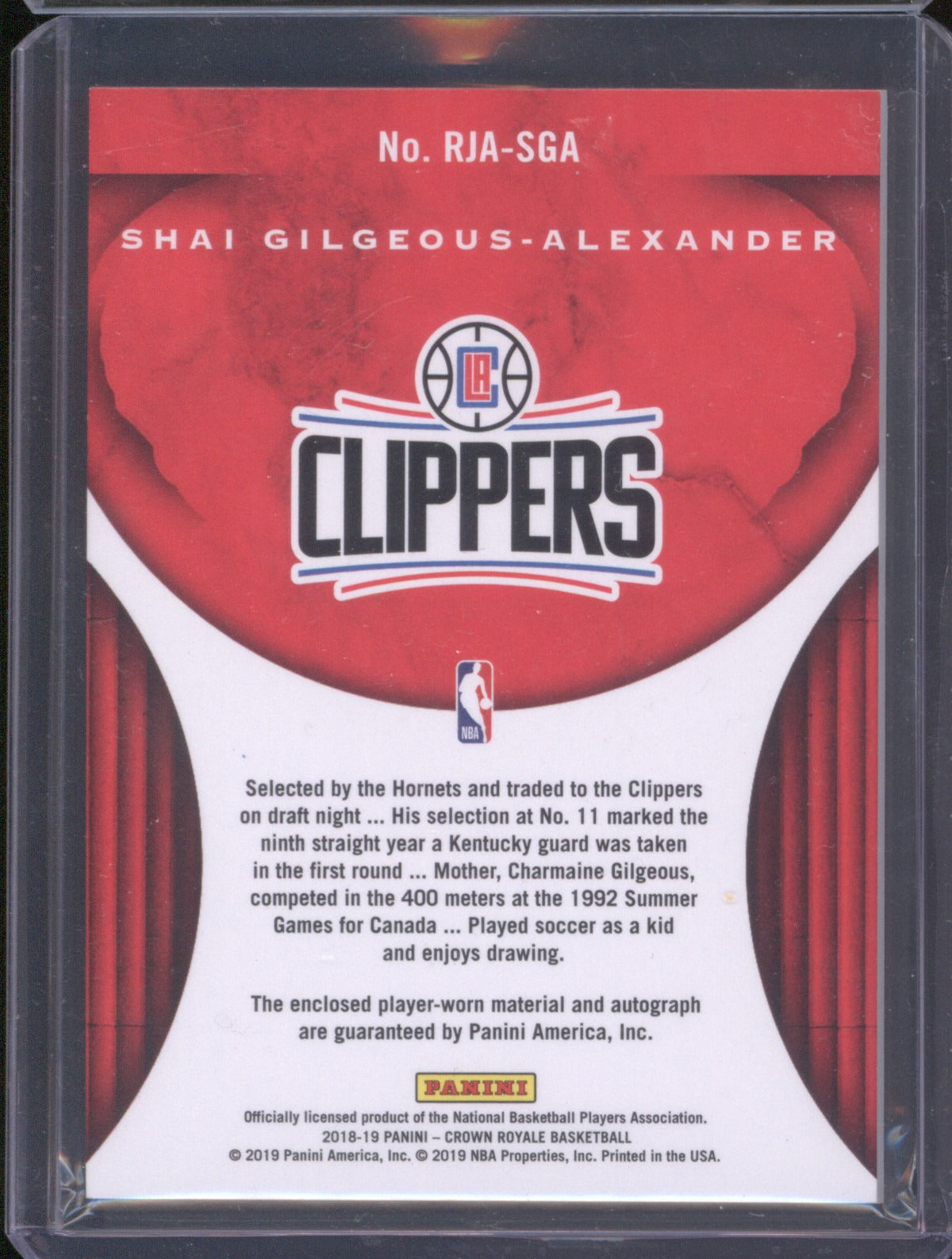 2018-19 Panini Crown Royale RJA-SGA Shai Gilgeous-Alexander Rookie Jersey /199