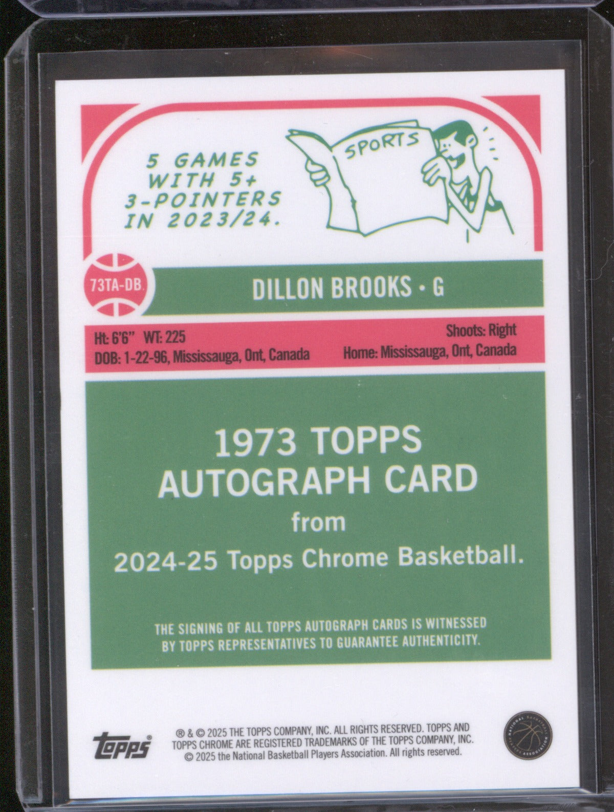 2024-25 Topps Chrome 73TA-DB Dillion Brooks 1973 Topps Autographs Red Refractor