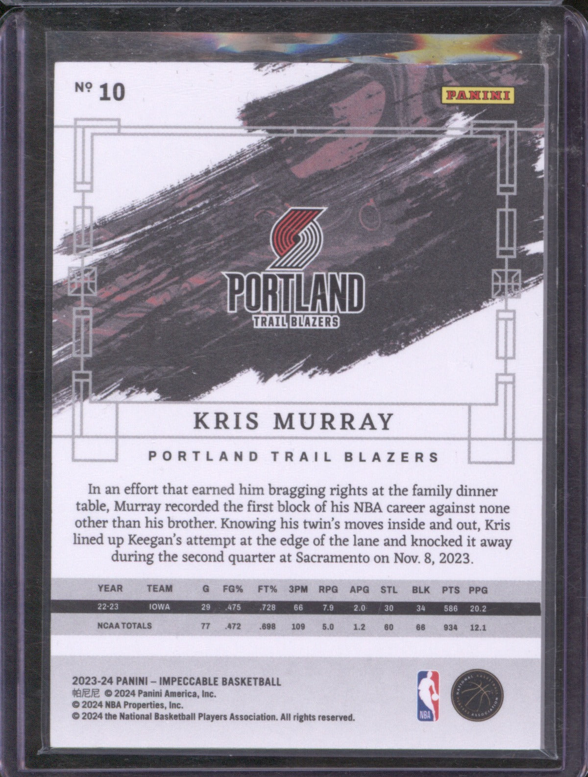 2023-24 Panini Impeccable 10 Kris Murray Holo Gold /10