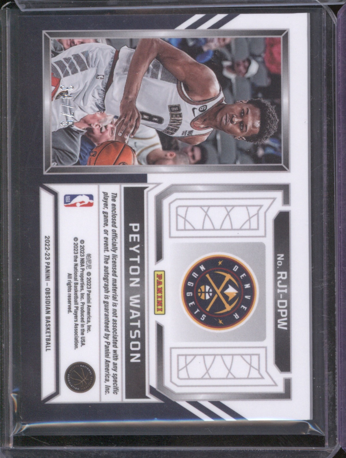 2022-23 Panini Obsidian Peyton Watson Rookie Jersey Ink Electric Etch Purple /75