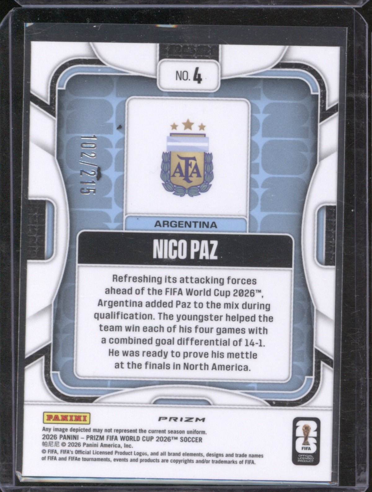 2026 Panini Prizm FIFA World Cup Nico Paz #4 Orange Pandora Prizm