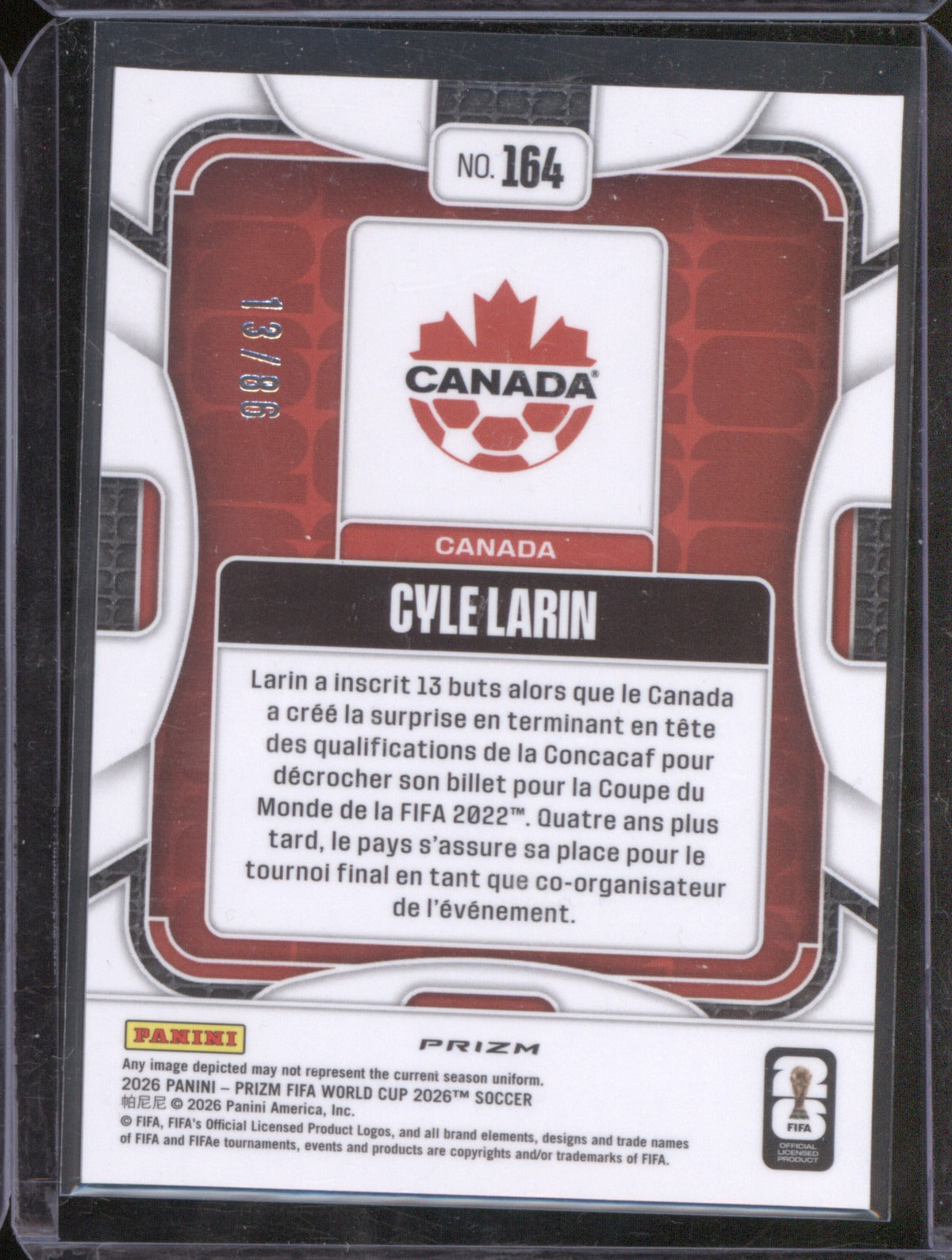 2026 Panini Prizm FIFA World Cup Cyle Larin #164 Maple Leaf 13/86
