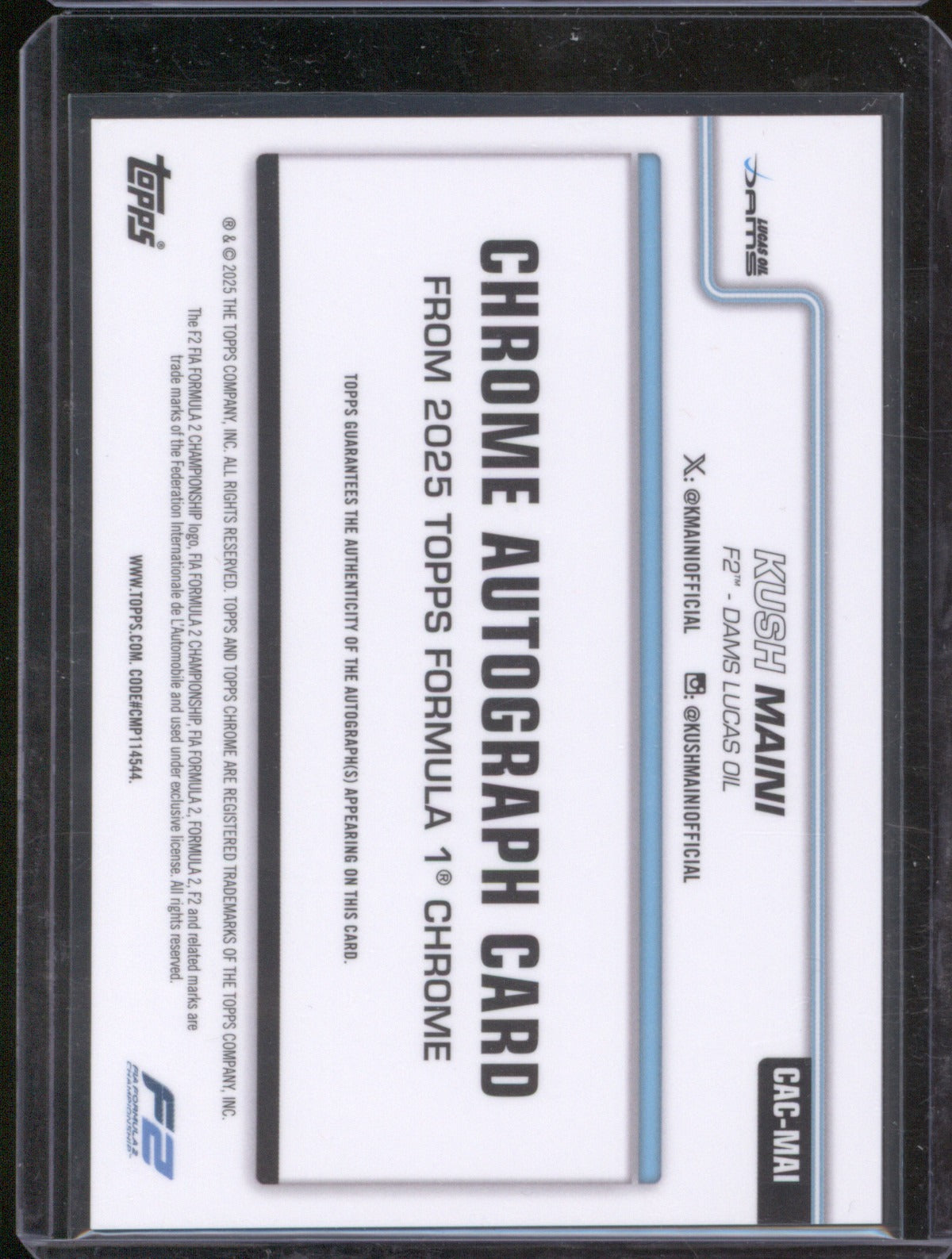 2025 Topps Chrome Formula 1 Kush Maini Refractor Auto F2 Dams