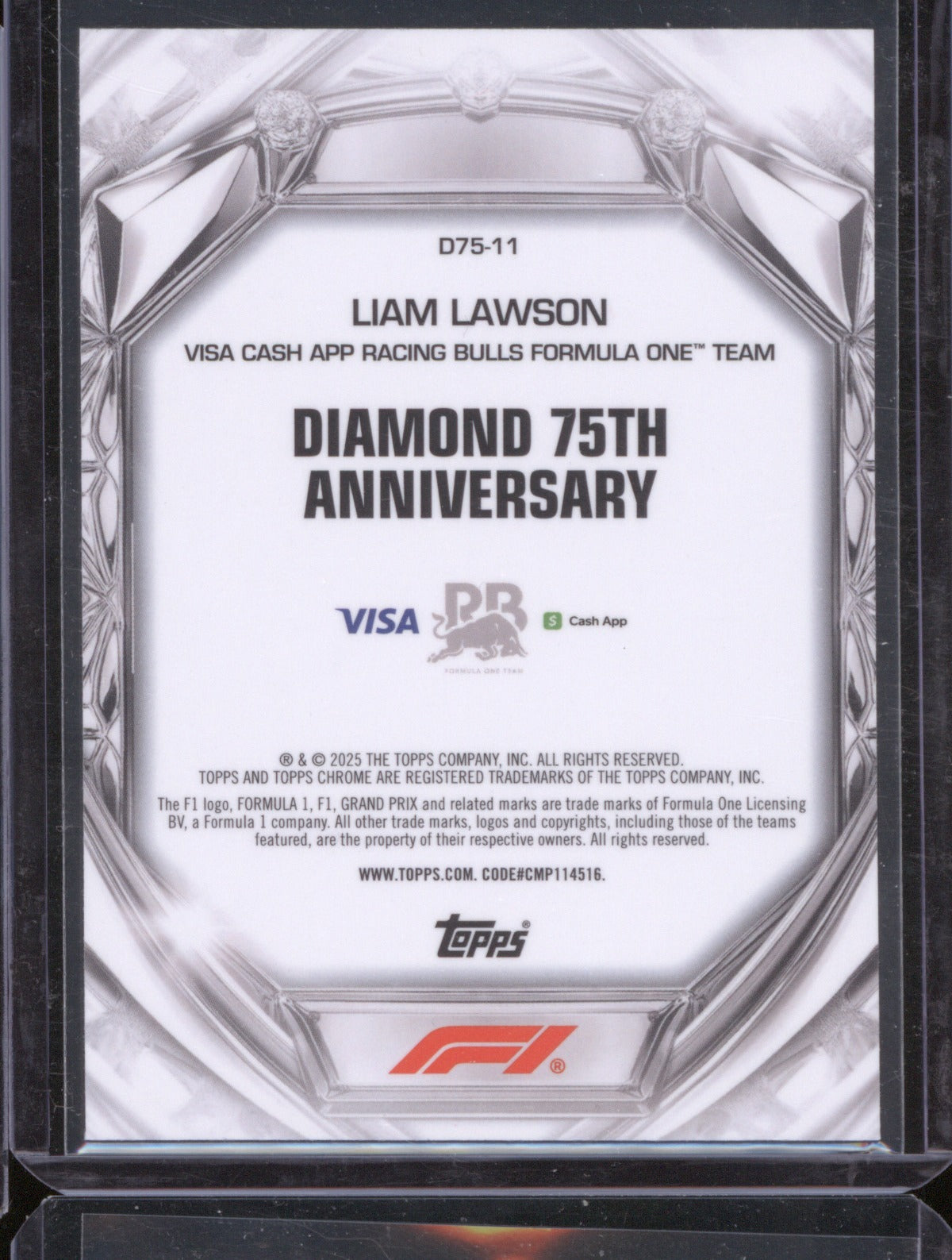 2025 Topps Chrome Formula 1 Liam Lawson D75-11 Diamond 75th Anniversary