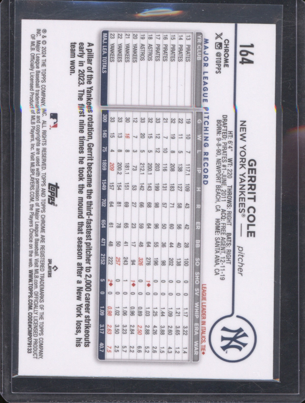 Gerrit Cole 2024 Topps Chrome #164 Purple Logofractor 192/250