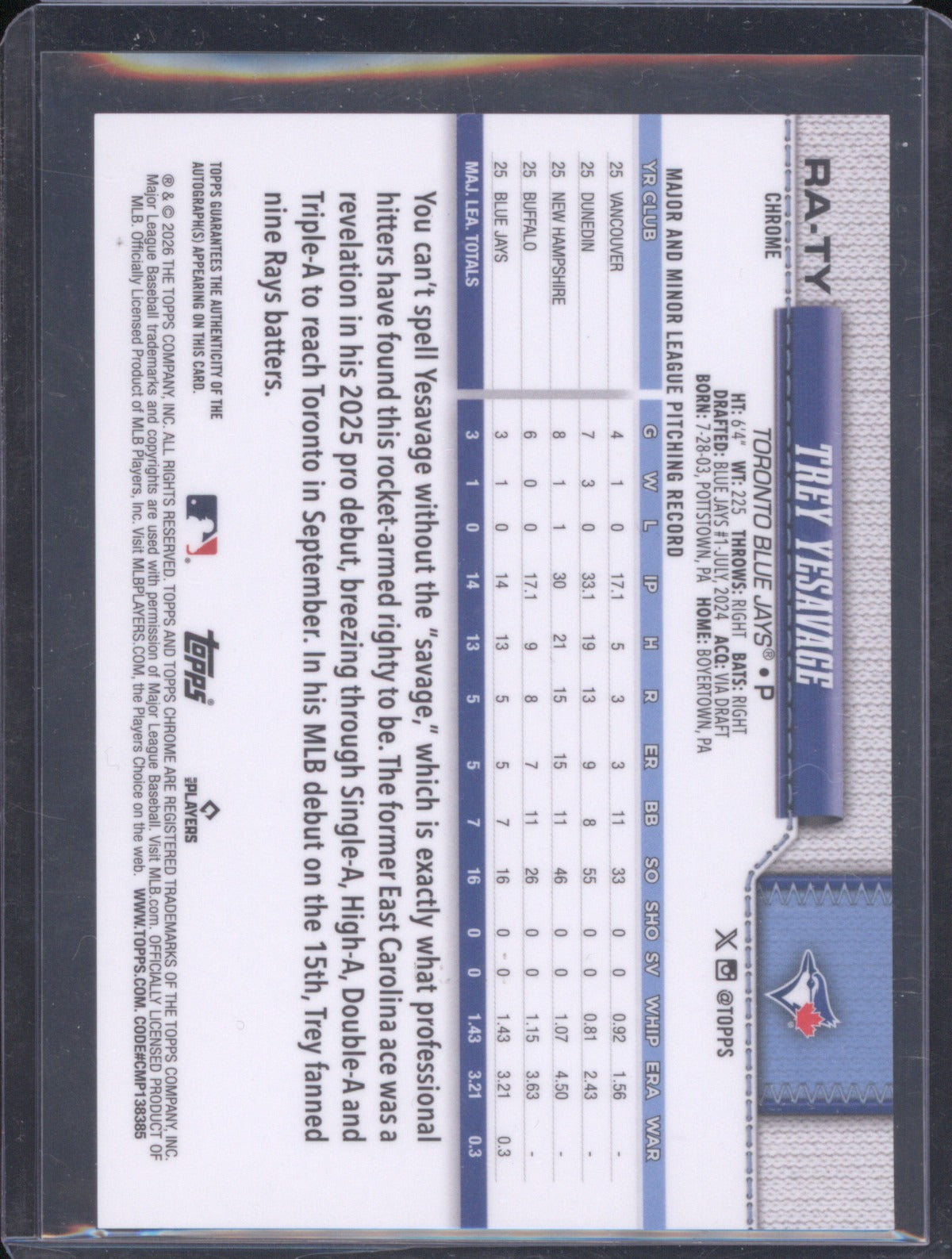 Trey Yesavage 2026 Topps Chrome #RA-TY Rookie Autographs Refractor /30