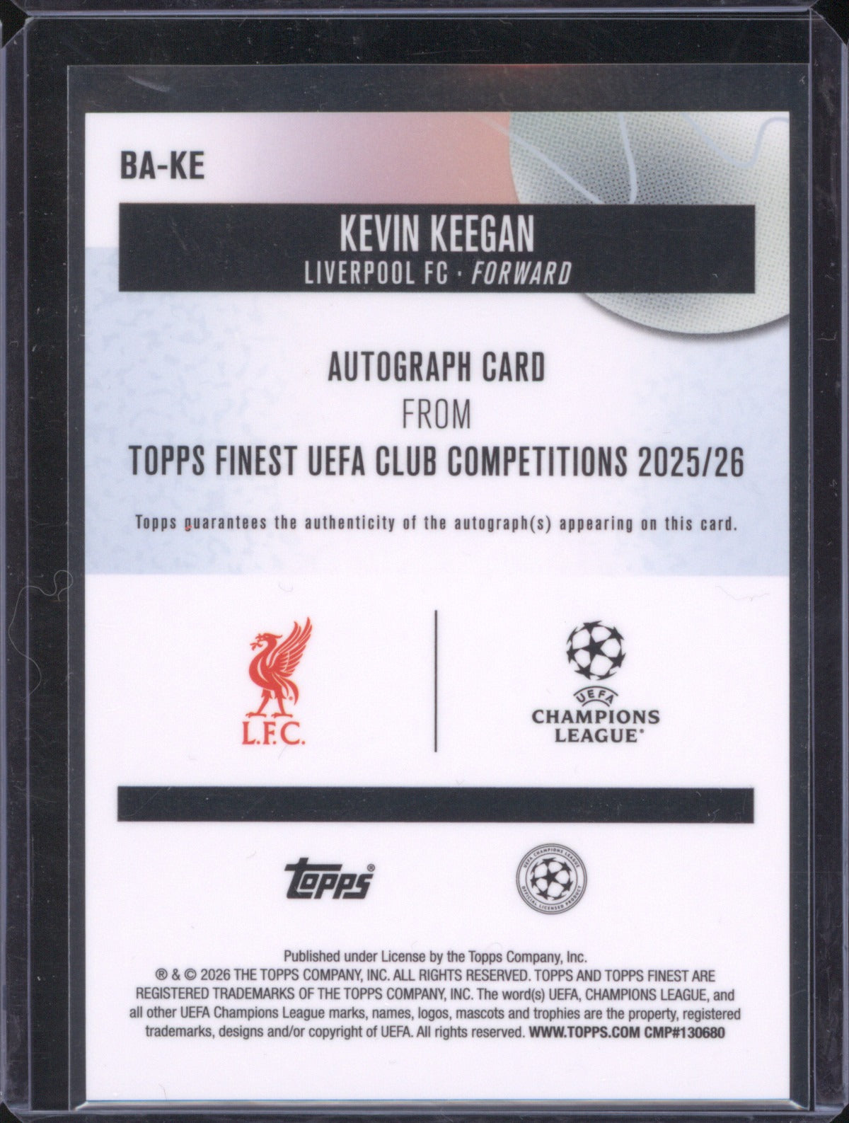Kevin Keegan 2026 Topps Finest UEFA Club Competitions #BA-KE Auto /5