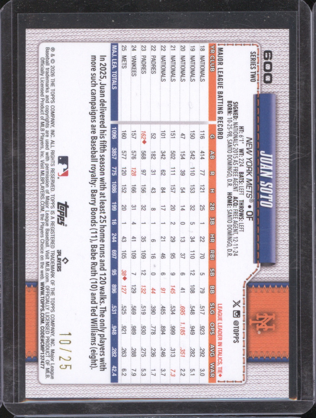 Juan Soto 2026 Topps Series 2 #600 Orange Foil /25