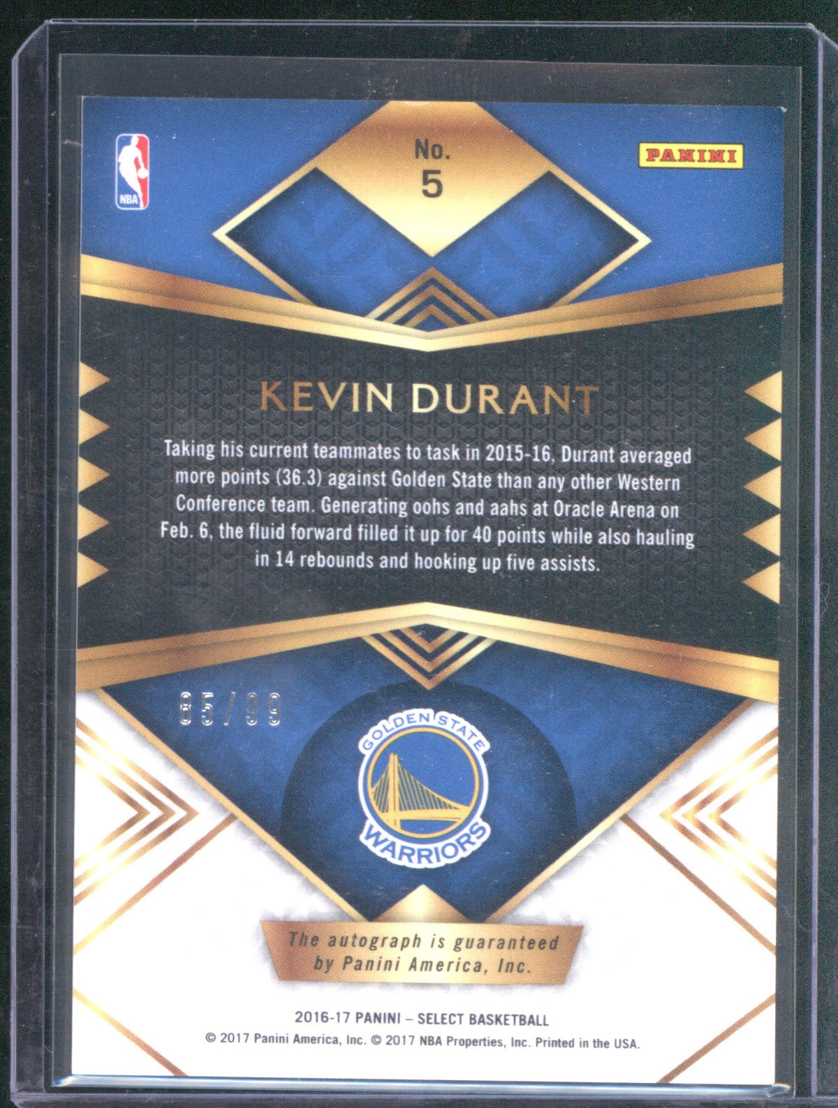 Kevin Durant 2016 Panini Select Autograph #5 /99