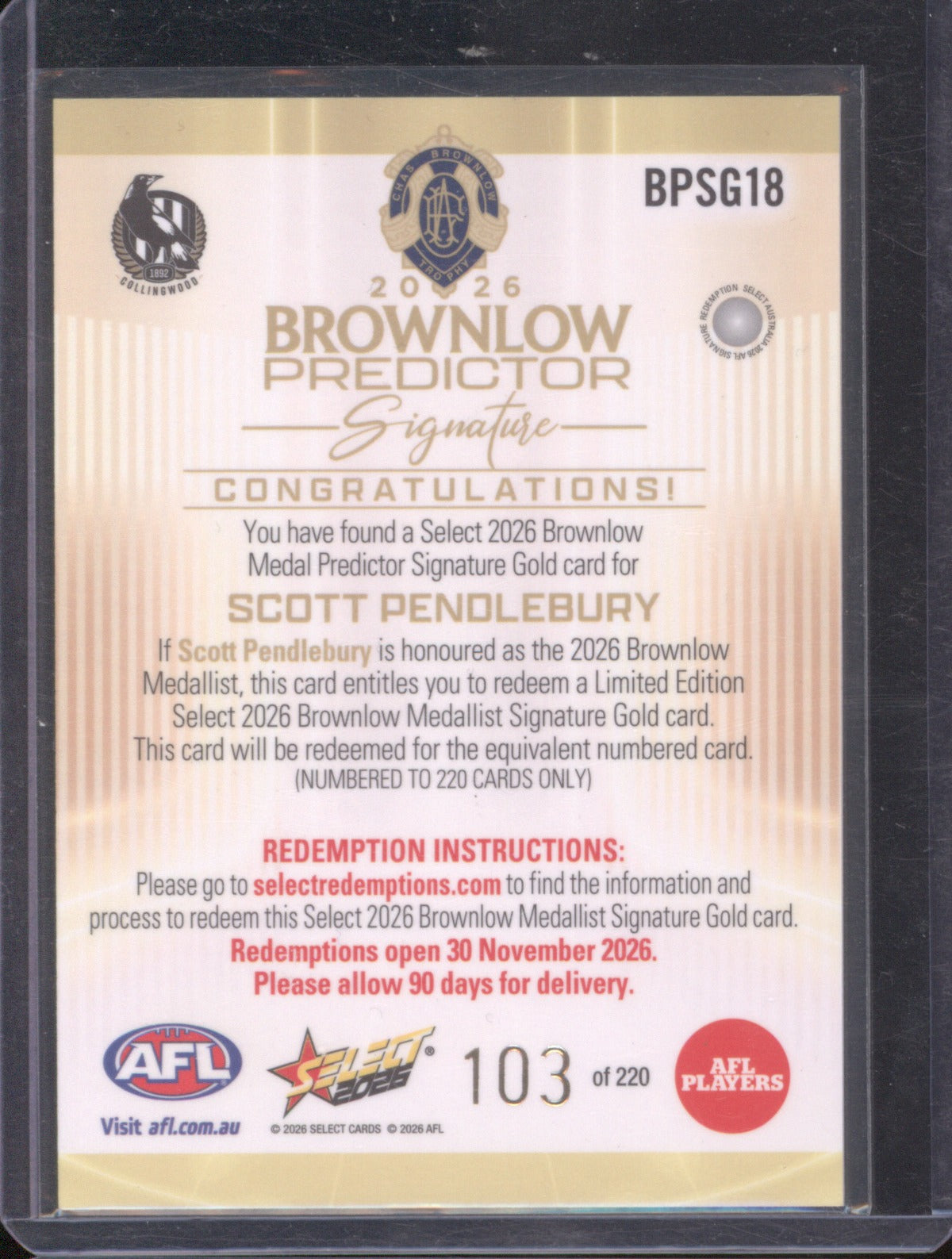 2026 Select AFL Brownlow Predictor Signature Collingwood Scott Pendlebury /220
