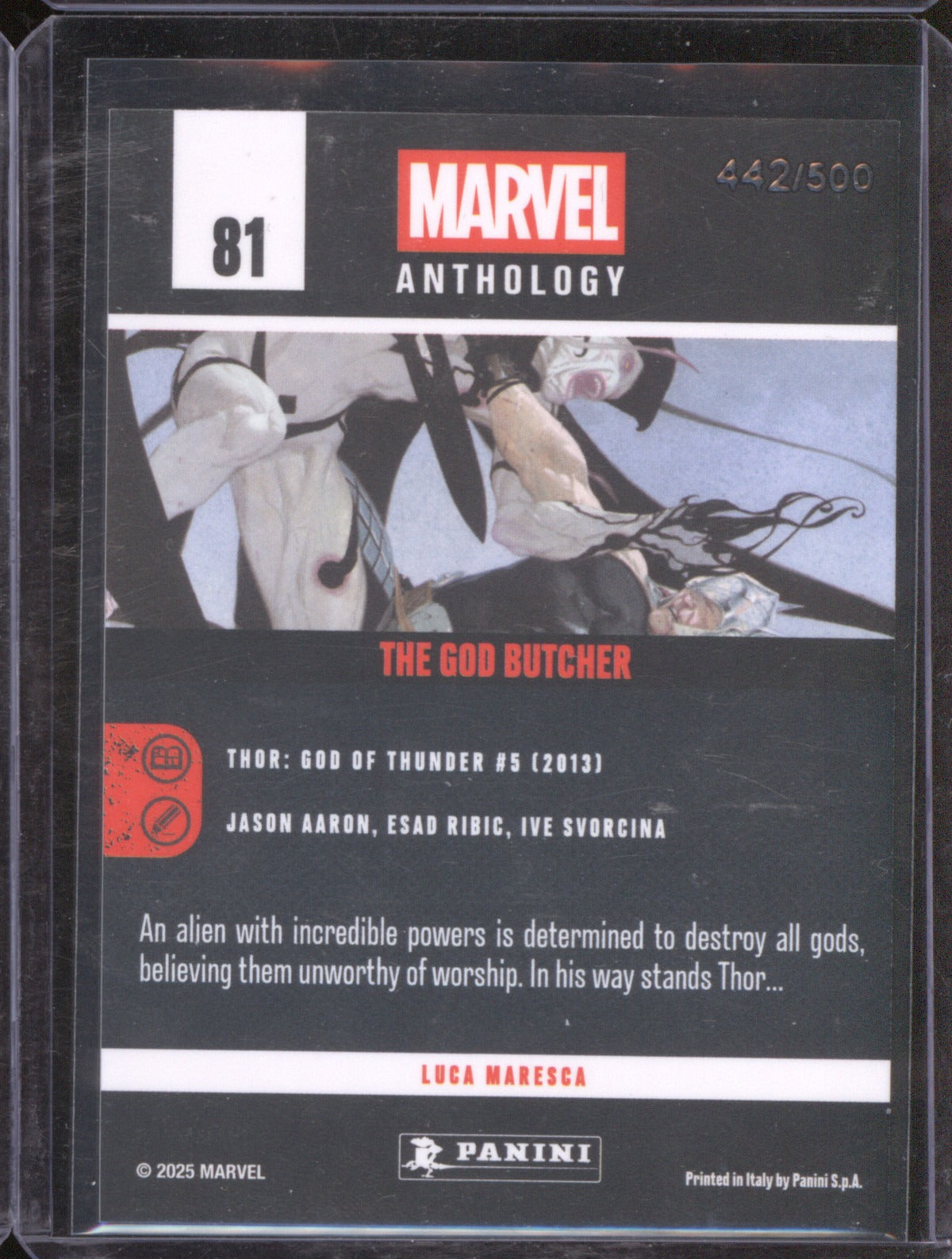 2025 Panini Marvel Anthology 81 The God Butcher Glitch Holo /500