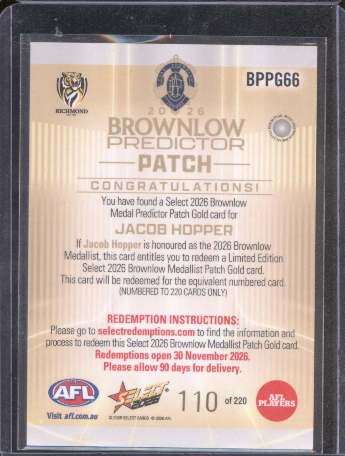 2026 Select AFL Brownlow Predictor Patch Richmond Jacob Hopper /220
