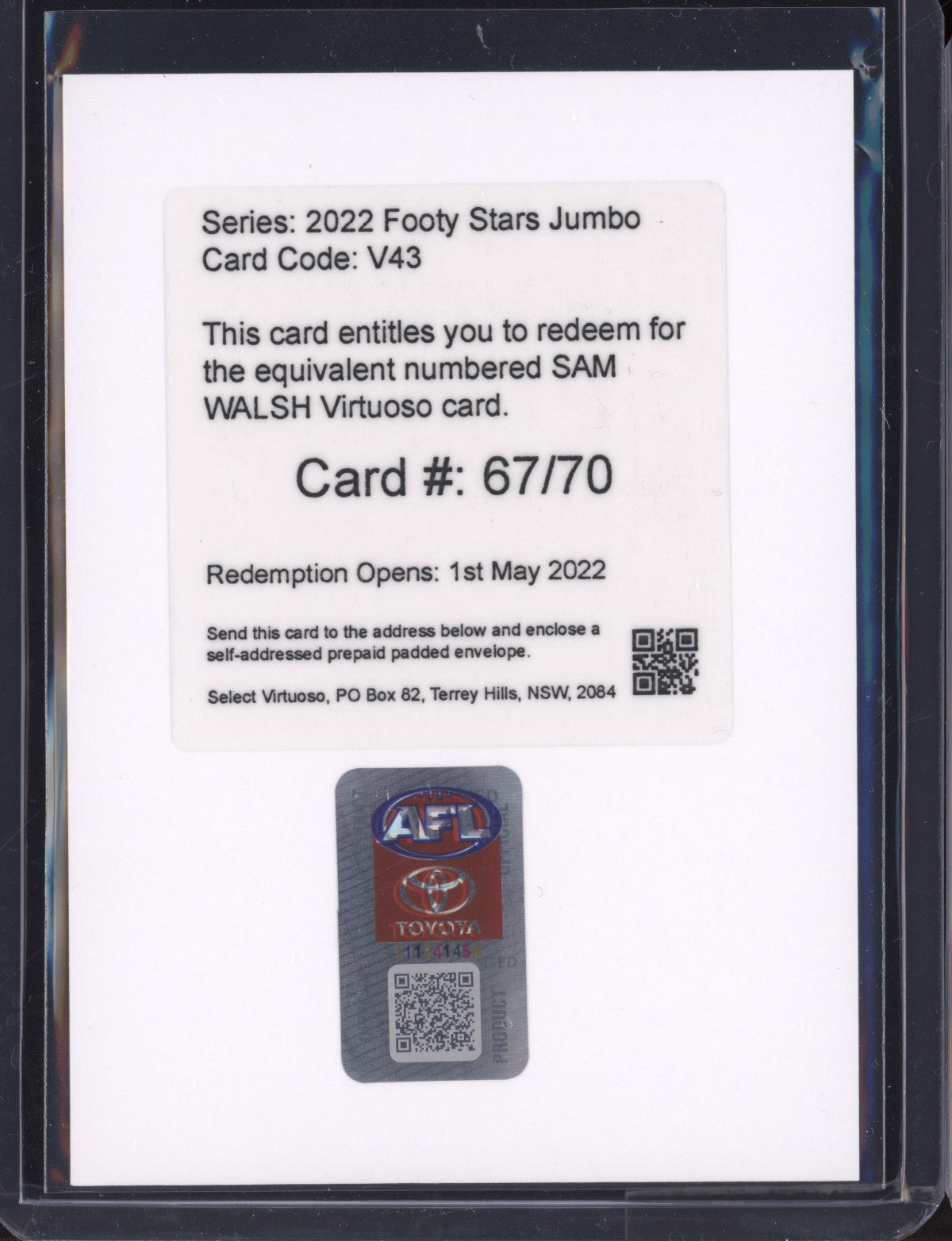 Sam Walsh 2022 Select Footy Stars Jumbo Virtuoso Redemption 67/70