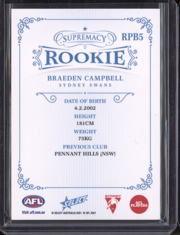 Braeden Campbell 2021 AFL Select Supremacy  Rookie Platinum Blue RC 69/85