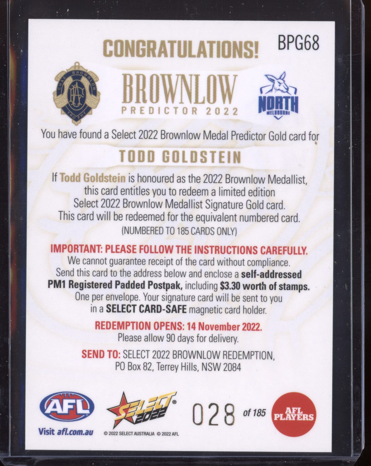 Todd Goldstein 2022 Select Footy Stars Gold Brownlow Predictor 28/185