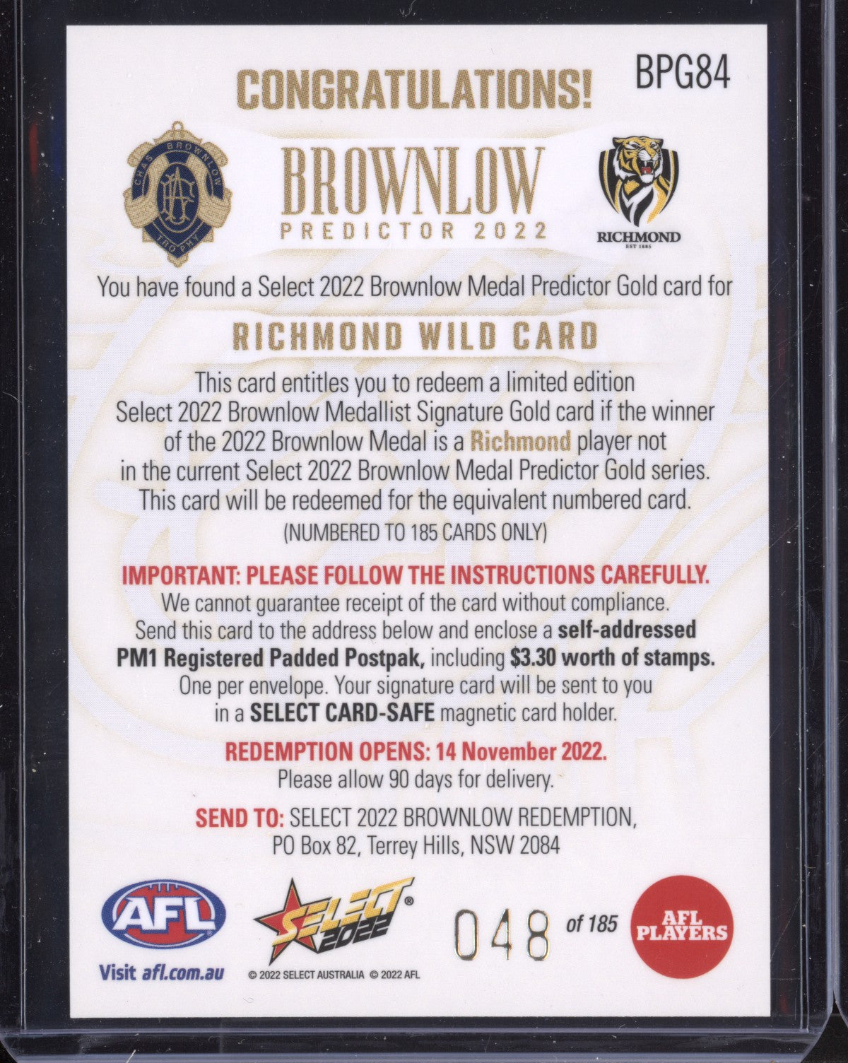 Richmond Wildcard 2022 Select Footy Stars Gold Brownlow Predictor 48/185