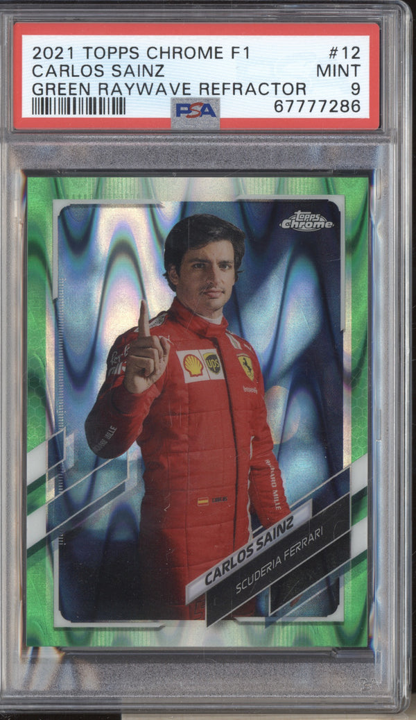 Carlos Sainz 2021 Topps Chrome Formula One 12 Green Ray Wave 80/99 PSA 9