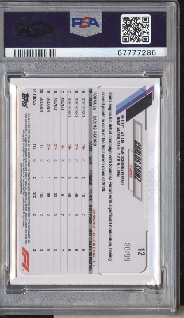 Carlos Sainz 2021 Topps Chrome Formula One 12 Green Ray Wave 80/99 PSA 9