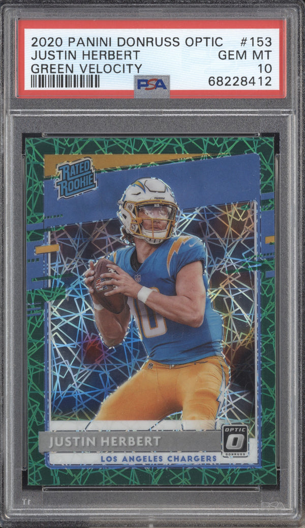 Justin Herbert 2020 Panini Donruss Optic 153 Green Velocity RC PSA 10