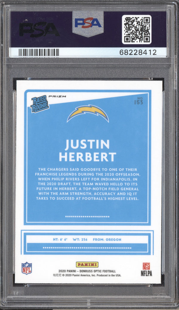 Justin Herbert 2020 Panini Donruss Optic 153 Green Velocity RC PSA 10